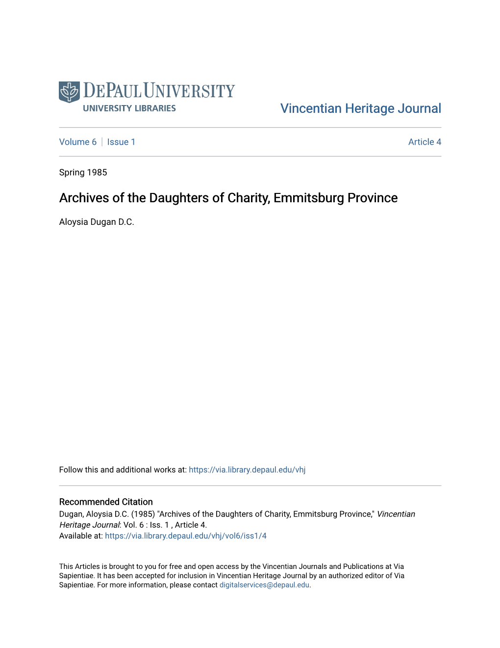 Archives of the Daughters of Charity, Emmitsburg Province