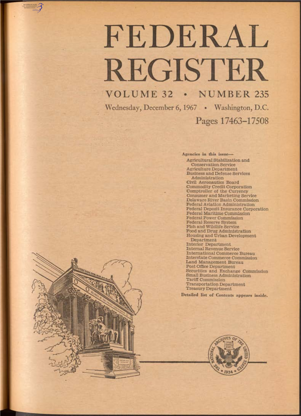 FEDERAL REGISTER VOLUME 32 • NUMBER 235 Wednesday, December 6, 1967 • Washington, D.C