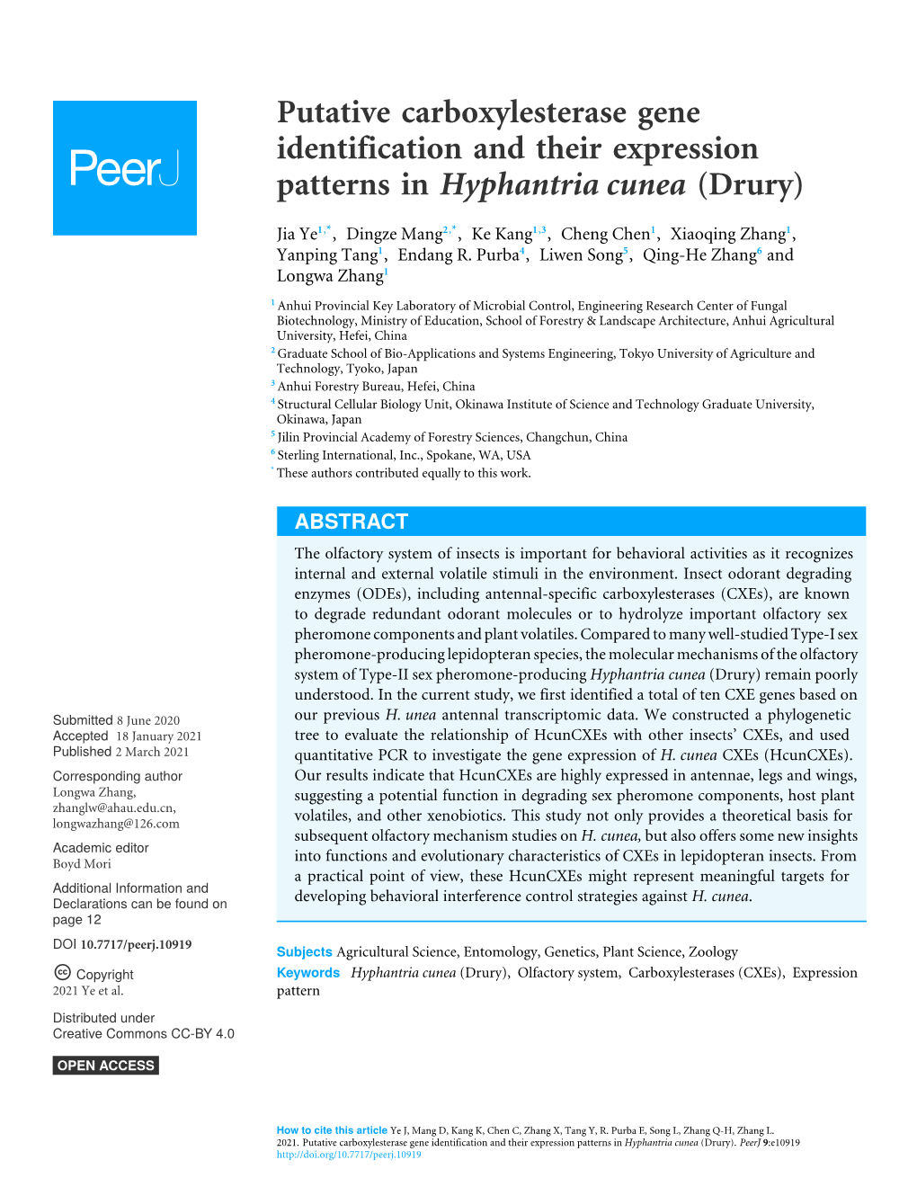 Putative Carboxylesterase Gene Identification and Their Expression Patterns in Hyphantria Cunea (Drury)
