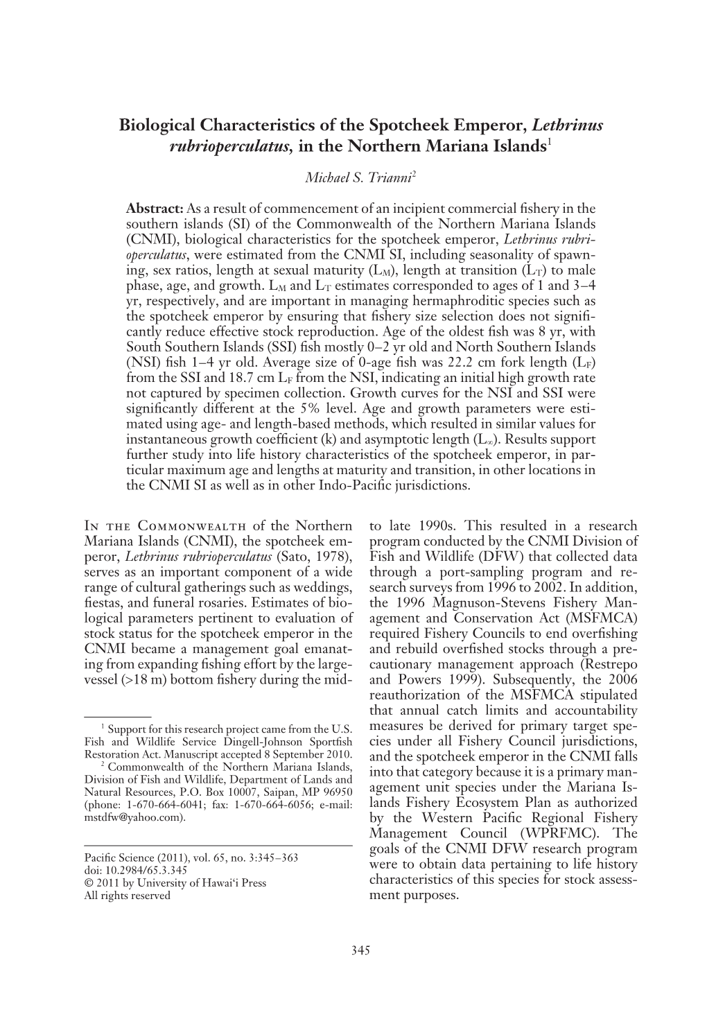 2011 Biological Characteristics of the Spotcheek Emperor, Lethrinus