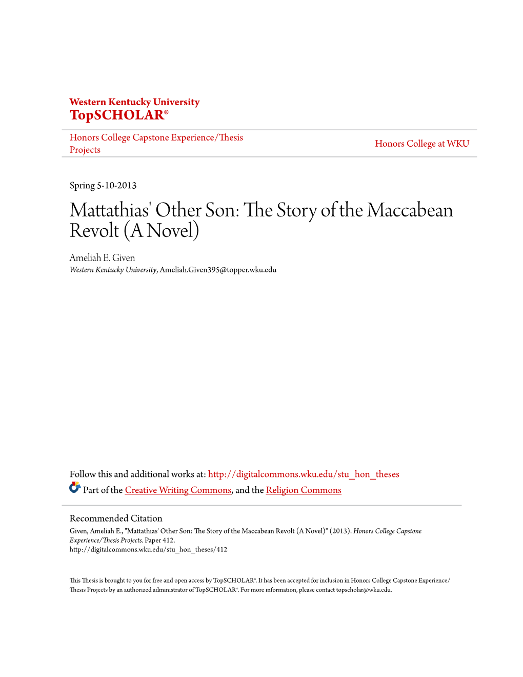 Mattathias' Other Son: the Story of the Maccabean Revolt (A Novel)