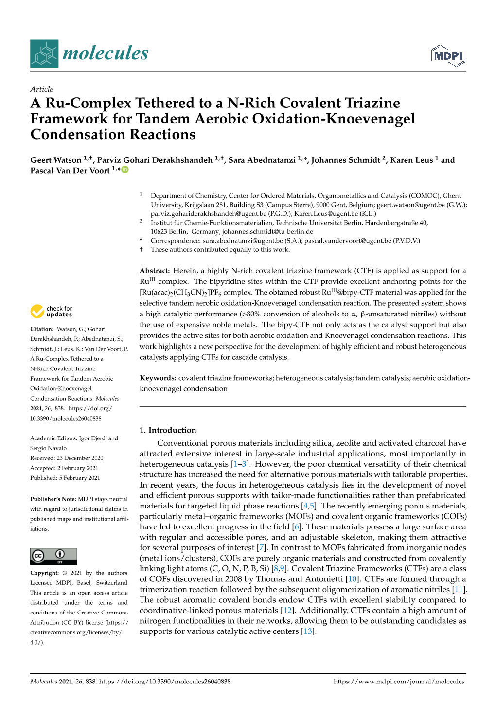 A Ru-Complex Tethered to a N-Rich Covalent Triazine Framework for Tandem Aerobic Oxidation-Knoevenagel Condensation Reactions