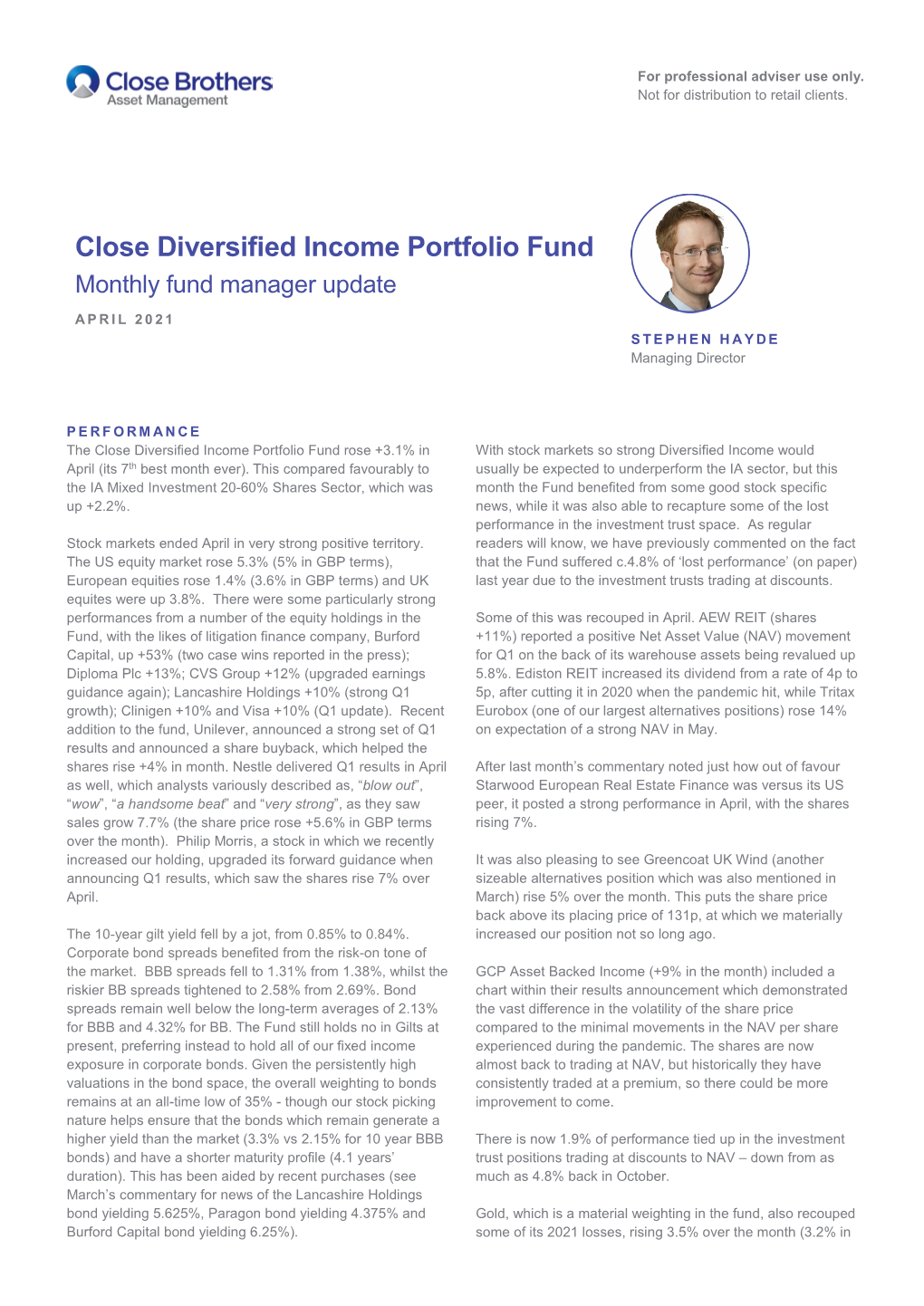 Close Diversified Income Portfolio Fund Monthly Fund Manager Update