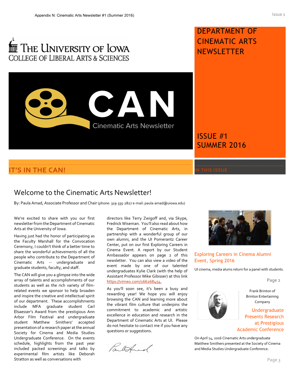 Department of Cinematic Arts Newsletter Issue #1 Summer 2016