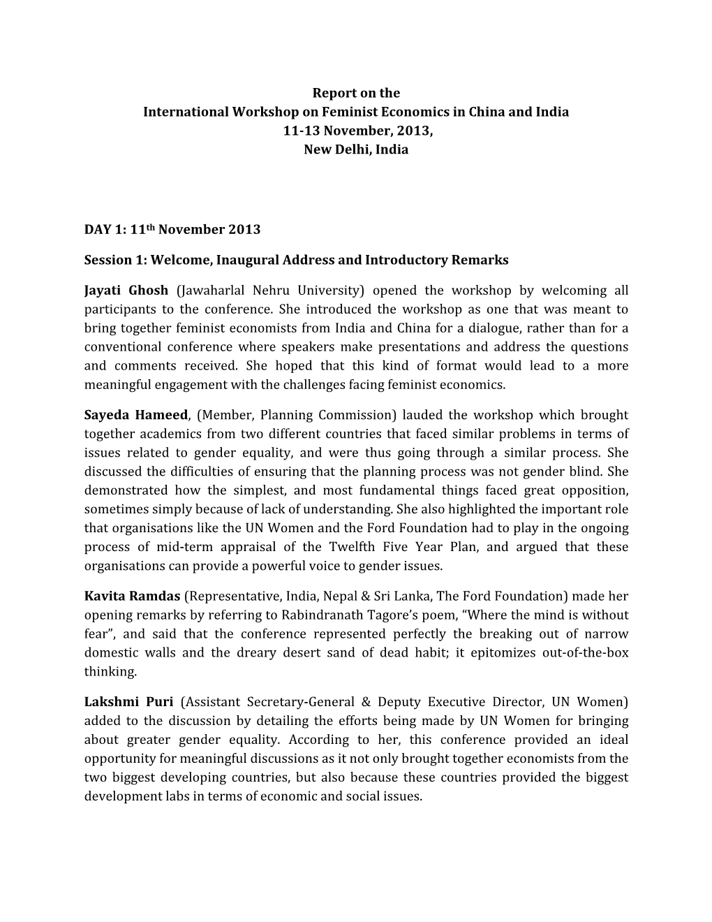 International Workshop on Feminist Economics in China and India 11-13 November, 2013, New Delhi, India