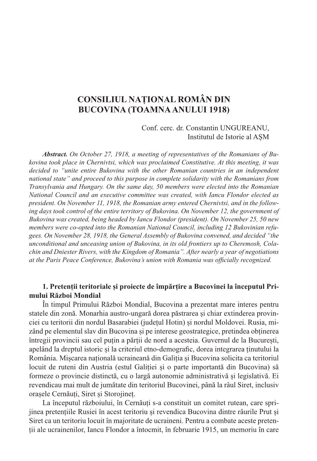 Consiliul Național Român Din Bucovina (Toamna Anului 1918)