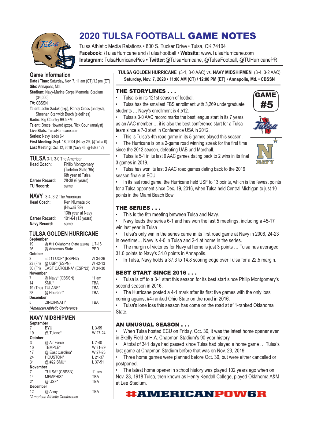 2020 TULSA FOOTBALL GAME NOTES Tulsa Athletic Media Relations • 800 S