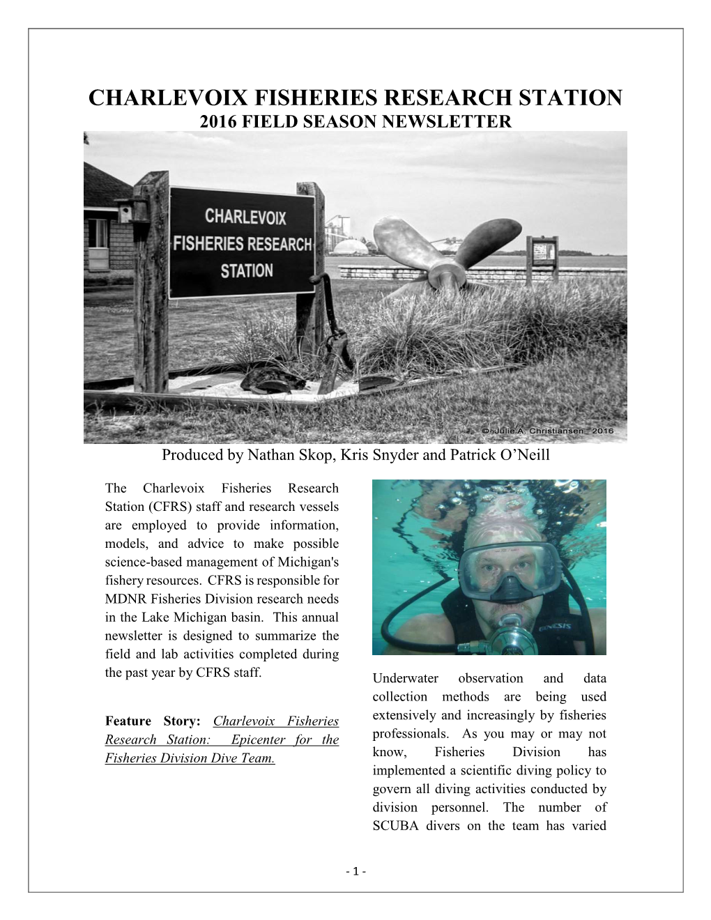 Charlevoix Fisheries Research Station, 2016 Field Season Newsletter