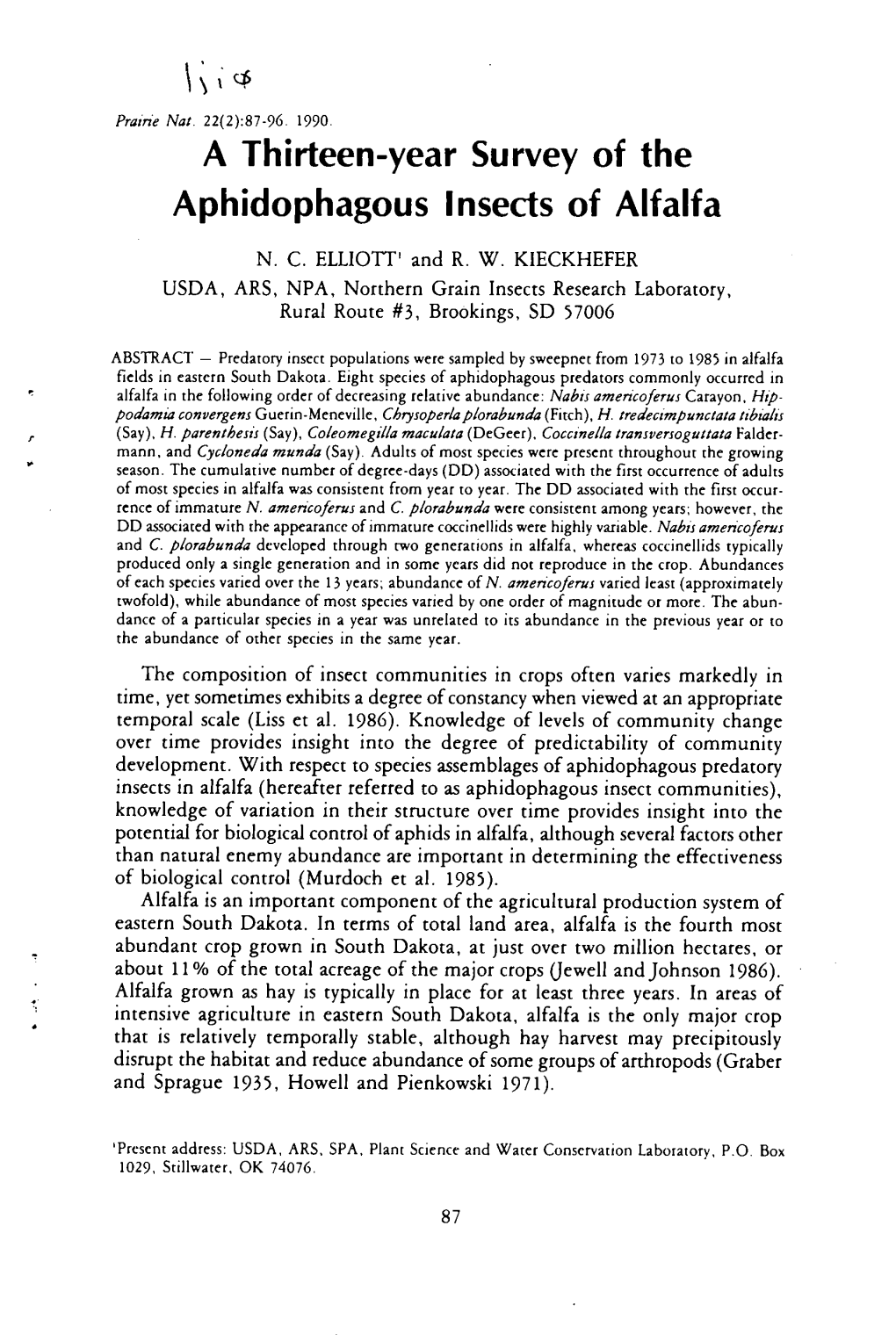 A Thirteen-Year Survey of the Aphidophagous Insects of Alfalfa