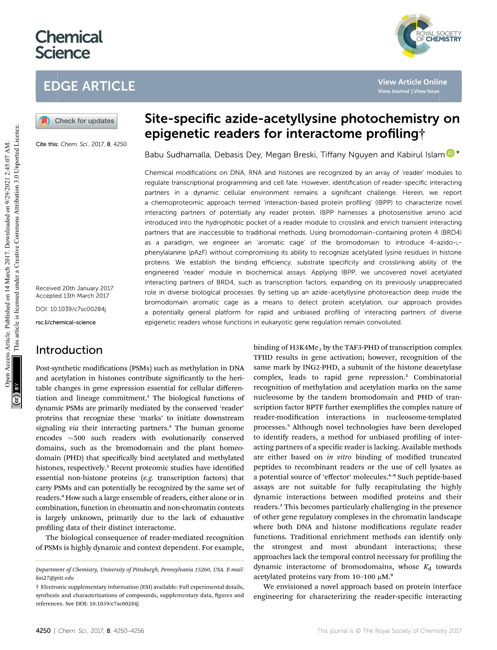 Site-Specific Azide-Acetyllysine Photochemistry on Epigenetic