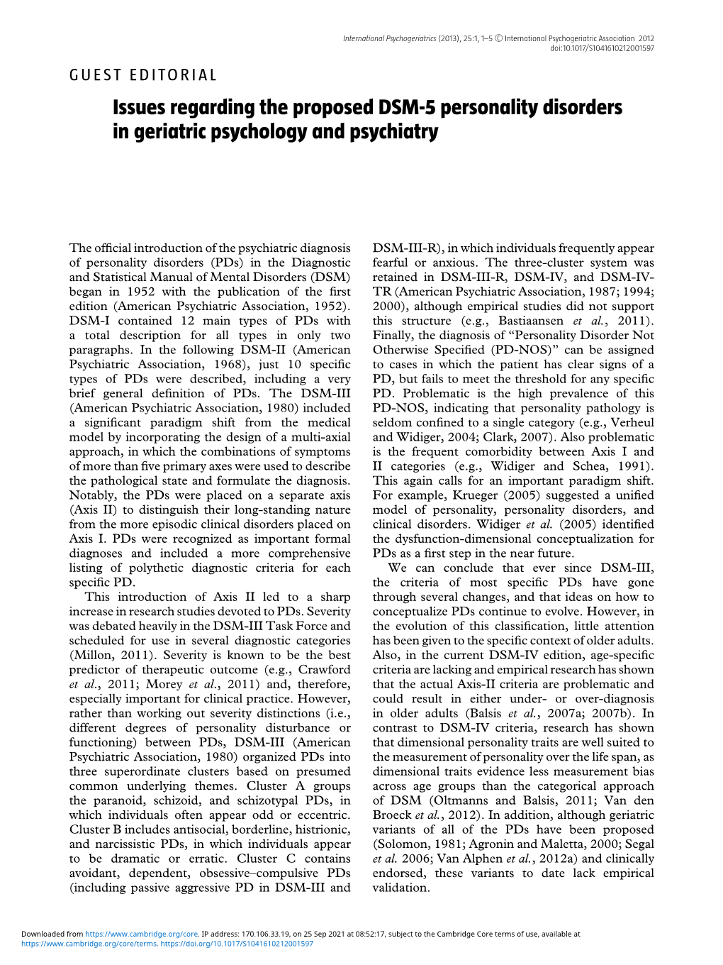 Issues Regarding the Proposed DSM-5 Personality Disorders in Geriatric Psychology and Psychiatry