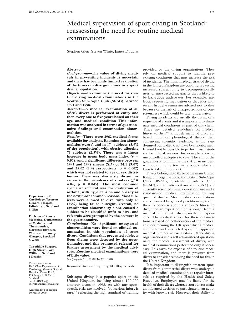 Medical Supervision of Sport Diving in Scotland: Reassessing the Need for Routine Medical Examinations