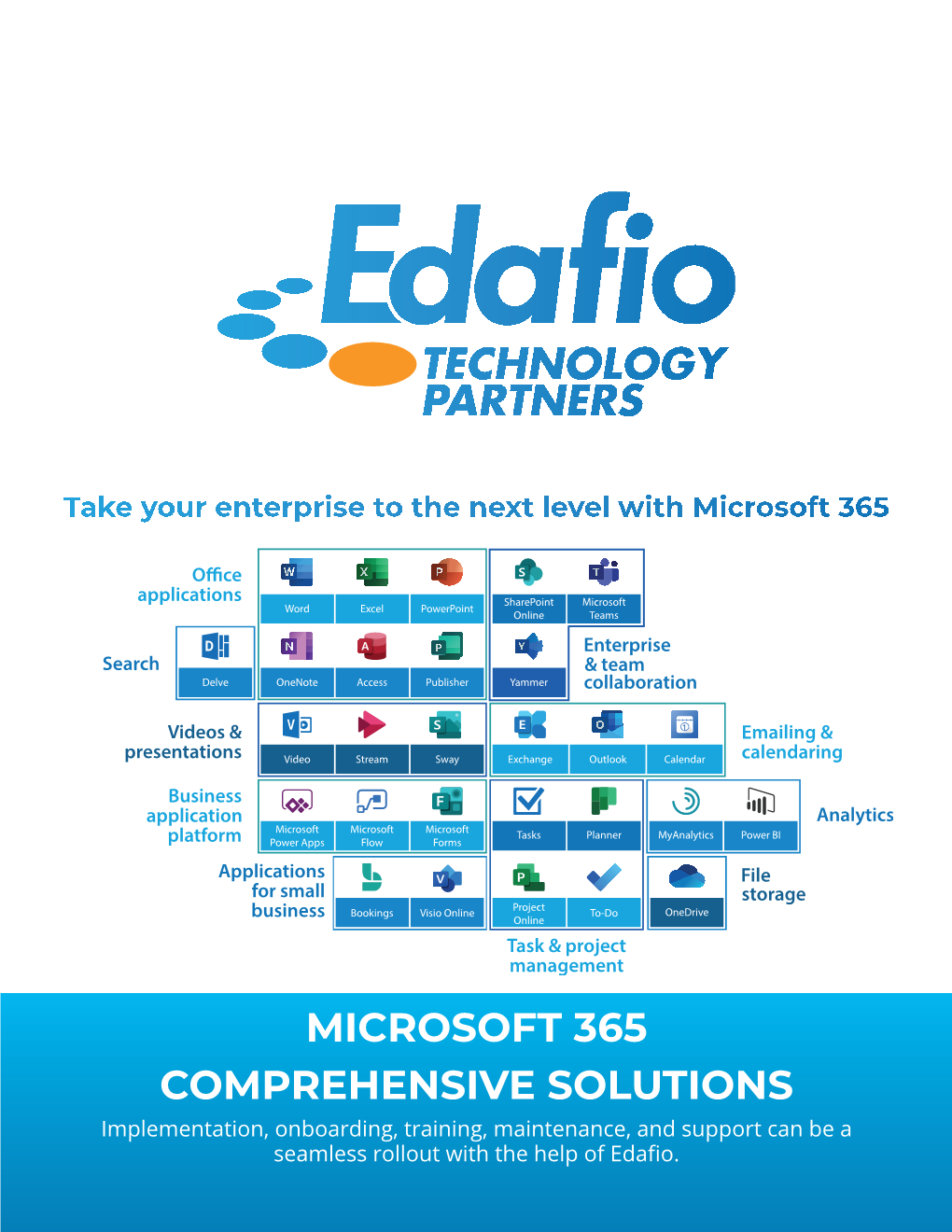 MICROSOFT 365 COMPREHENSIVE SOLUTIONS Implementation, Onboarding, Training, Maintenance, and Support Can Be a Seamless Rollout with the Help of Edafio