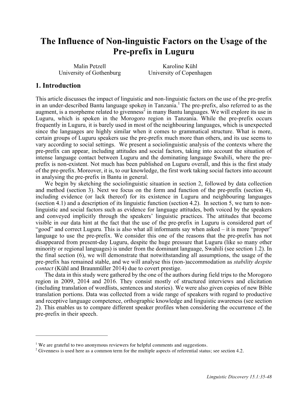 The Influence of Non-Linguistic Factors on the Usage of the Pre-Prefix in Luguru
