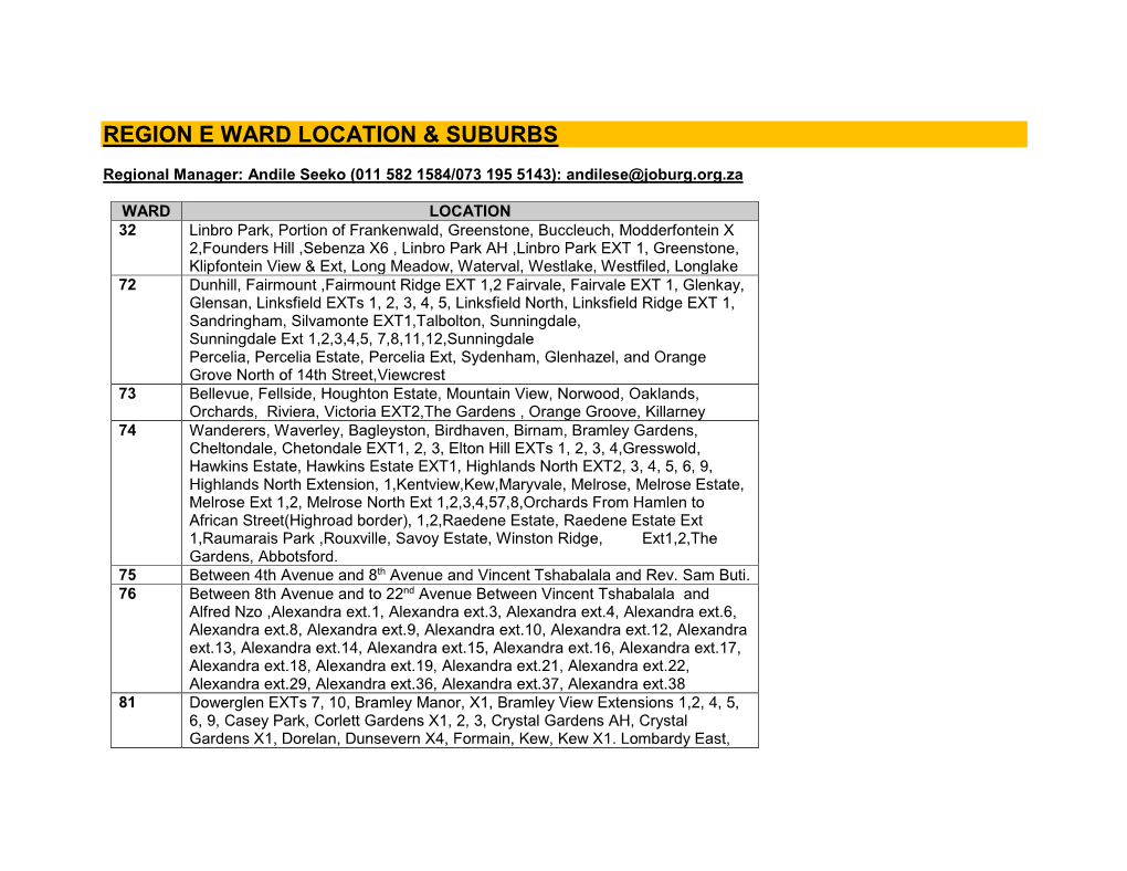 Region E Ward Location & Suburbs