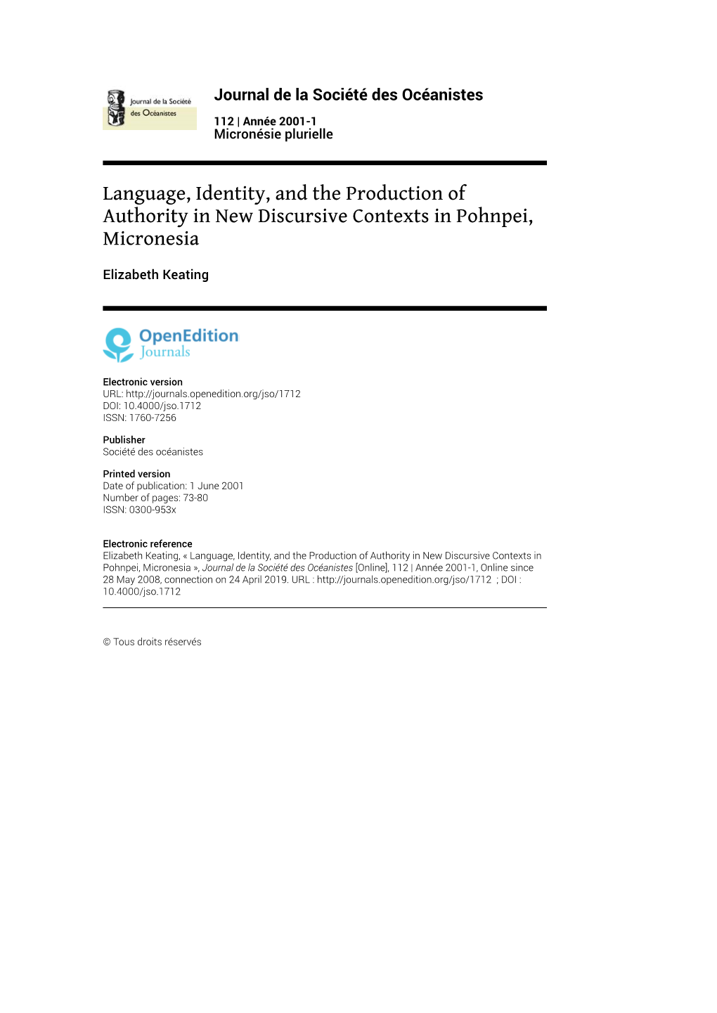 Language, Identity, and the Production of Authority in New Discursive Contexts in Pohnpei, Micronesia