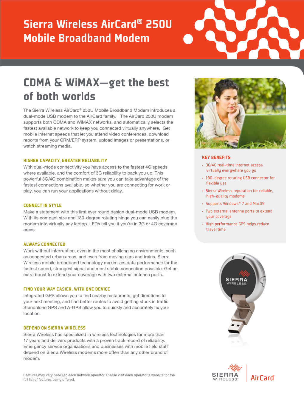 CDMA & Wimax—Get the Best of Both Worlds Sierra Wireless Aircard® 250U Mobile Broadband Modem