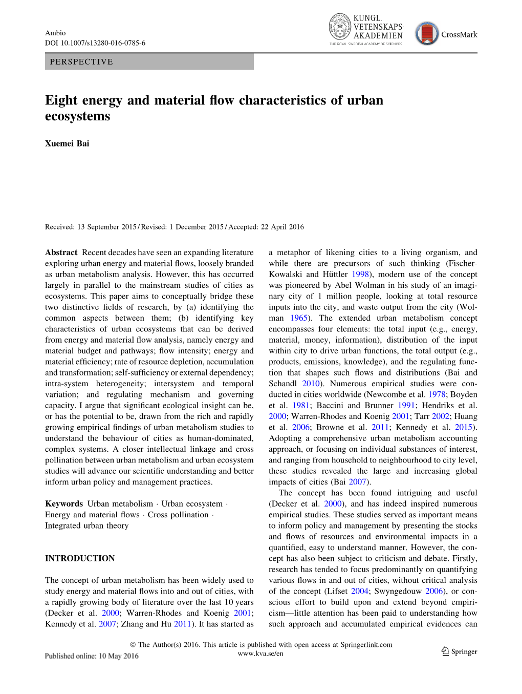 Eight Energy and Material Flow Characteristics of Urban Ecosystems