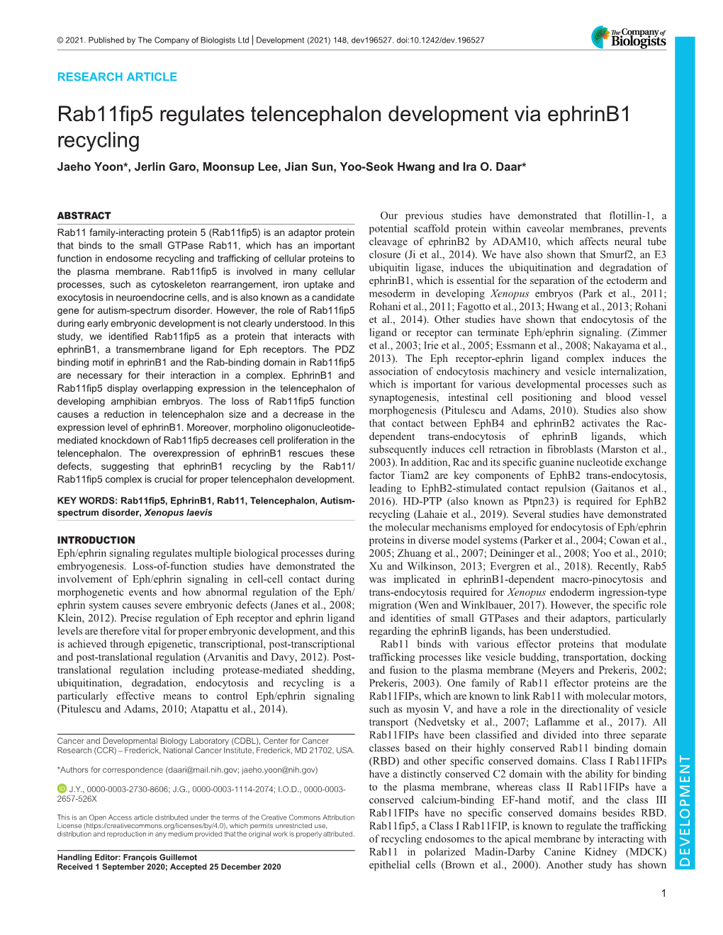 Rab11fip5 Regulates Telencephalon Development Via Ephrinb1 Recycling Jaeho Yoon*, Jerlin Garo, Moonsup Lee, Jian Sun, Yoo-Seok Hwang and Ira O