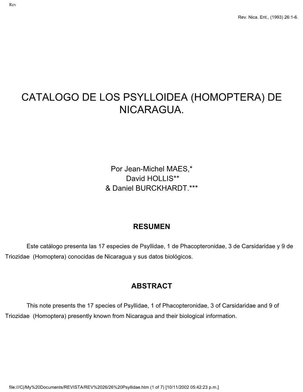 Catalogo De Los Psylloidea (Homoptera) De Nicaragua