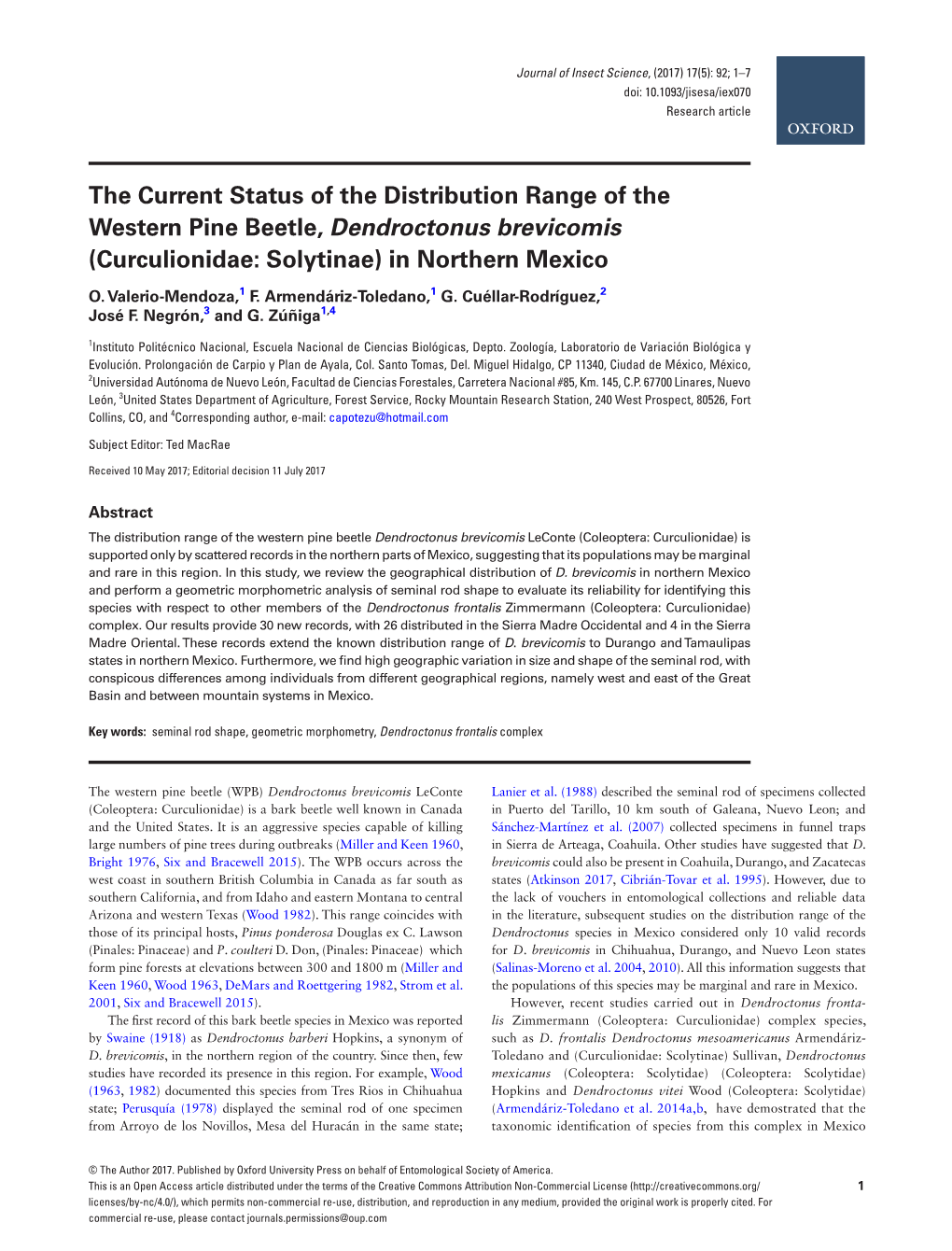 The Current Status of the Distribution Range of the Western Pine Beetle, Dendroctonus Brevicomis (Curculionidae: Solytinae) in Northern Mexico