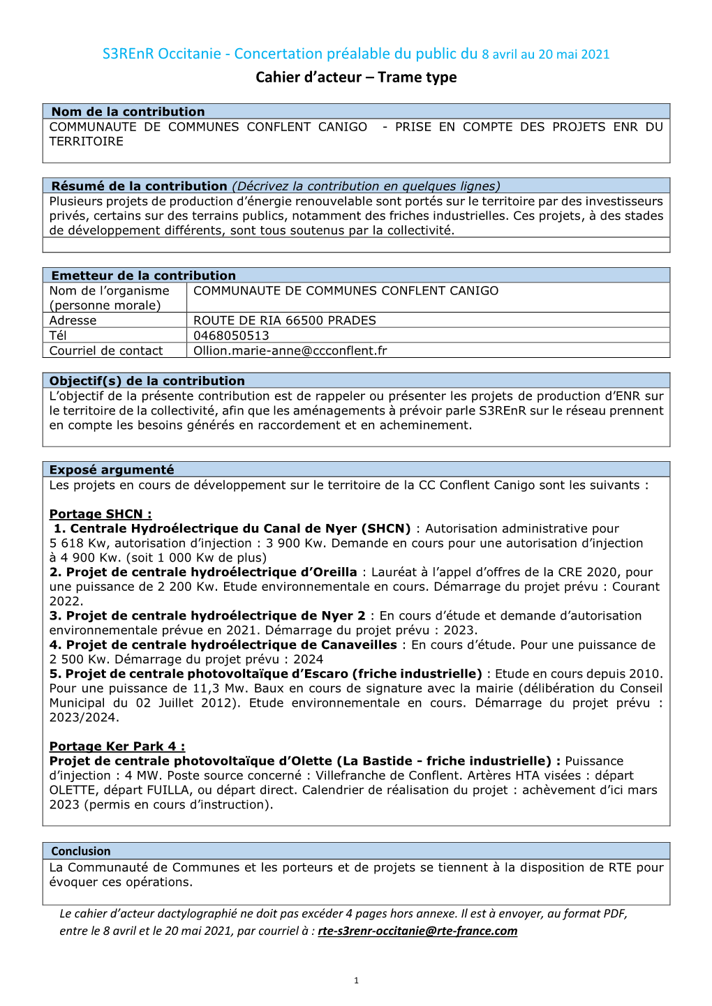 S3renr Occitanie - Concertation Préalable Du Public Du 8 Avril Au 20 Mai 2021 Cahier D’Acteur – Trame Type