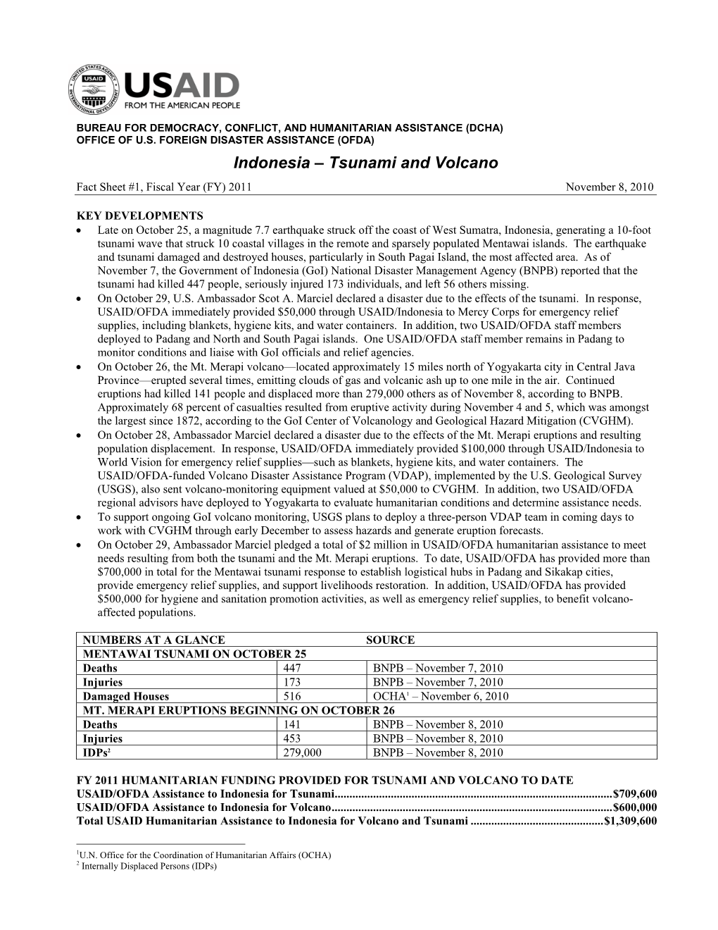 USAID-OFDA Indonesia Volcano and Tsunami Fact Sheet #1 11/8/2010