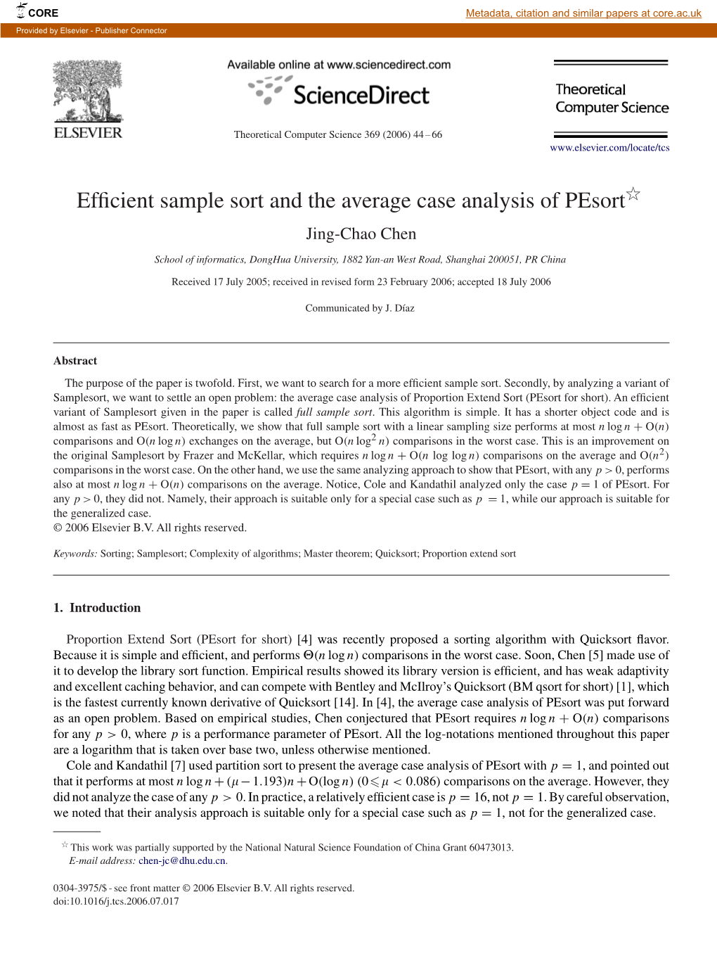 Efficient Sample Sort and the Average Case Analysis of Pesort