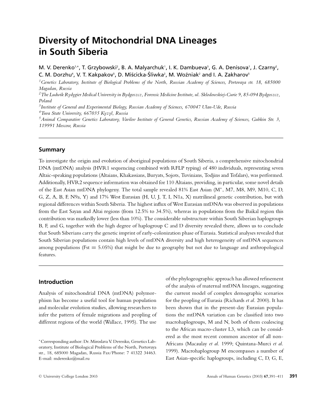 Diversity of Mitochondrial DNA Lineages in South Siberia