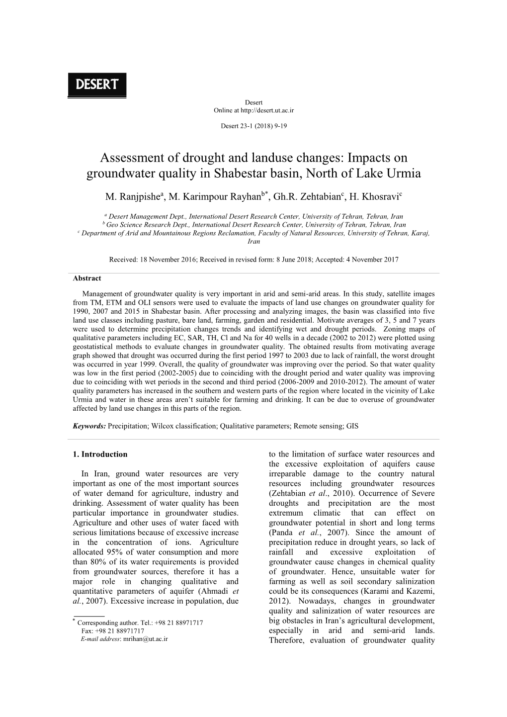 Impacts on Groundwater Quality in Shabestar Basin, North of Lake Urmia