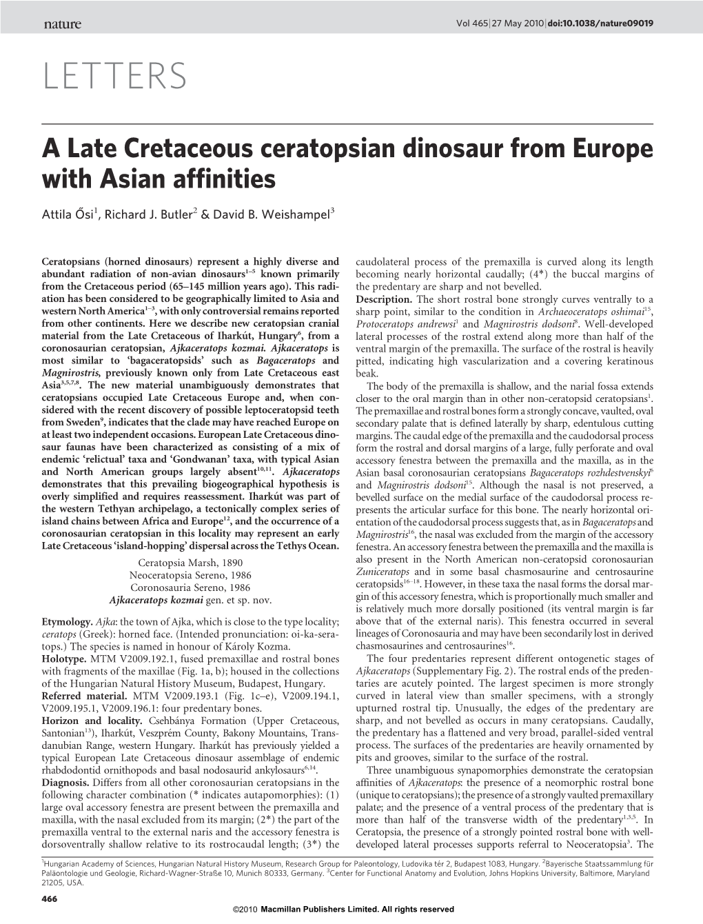 A Late Cretaceous Ceratopsian Dinosaur from Europe with Asian Affinities