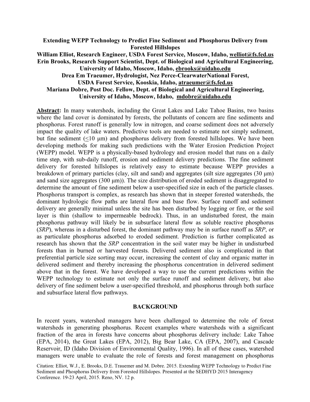 Extending WEPP Technology to Predict Fine Sediment and Phosphorus