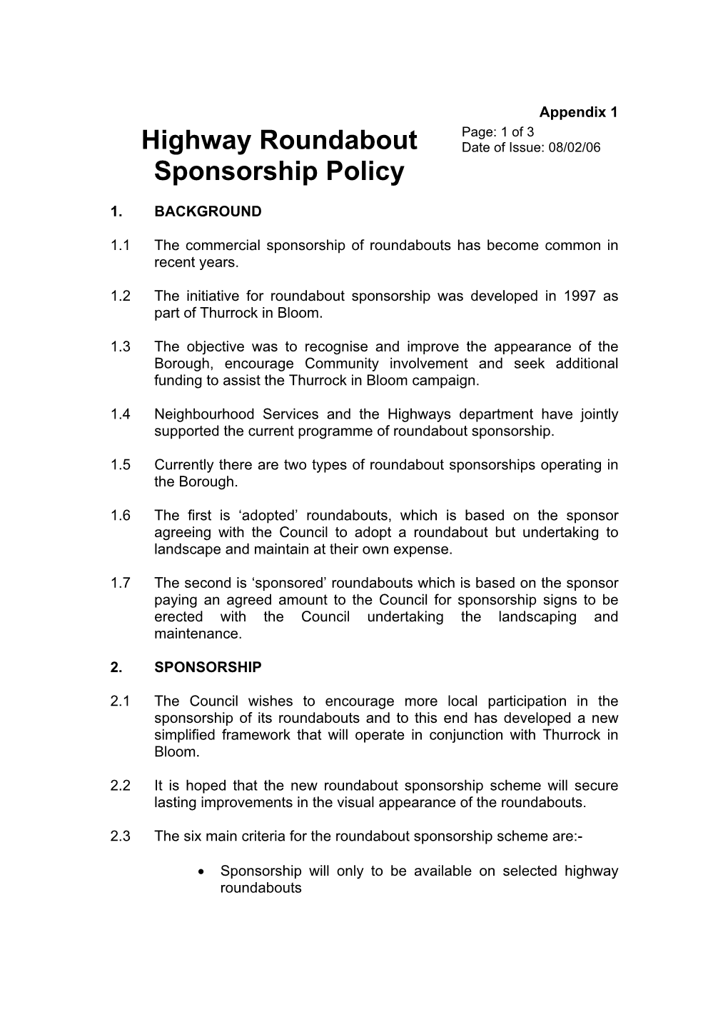 Highway Roundabout Sponsorship Policy
