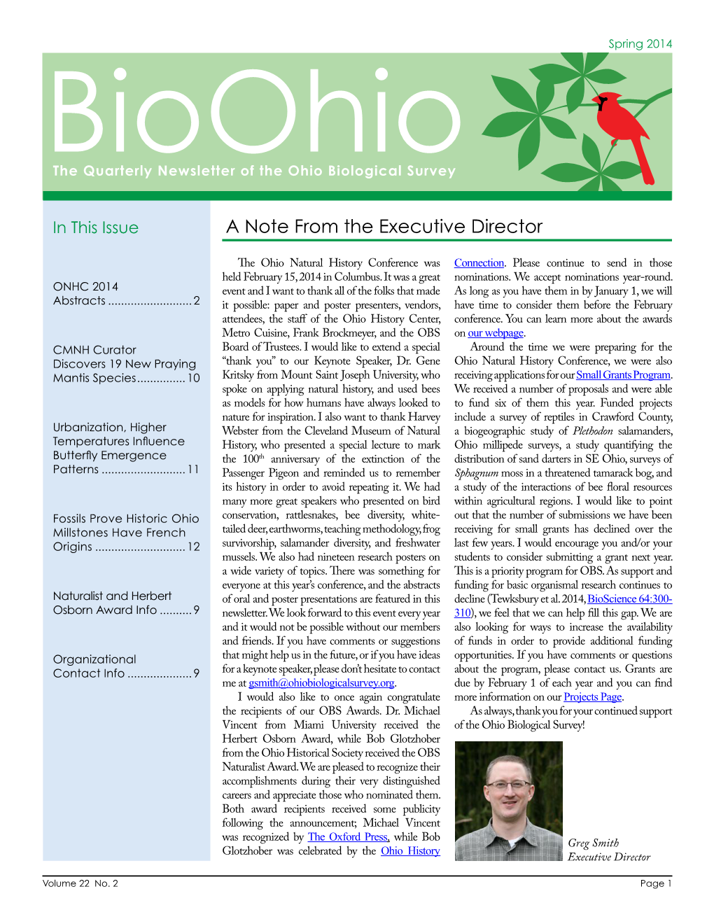 Spring 2014 Bioohio the Quarterly Newsletter of the Ohio Biological Survey