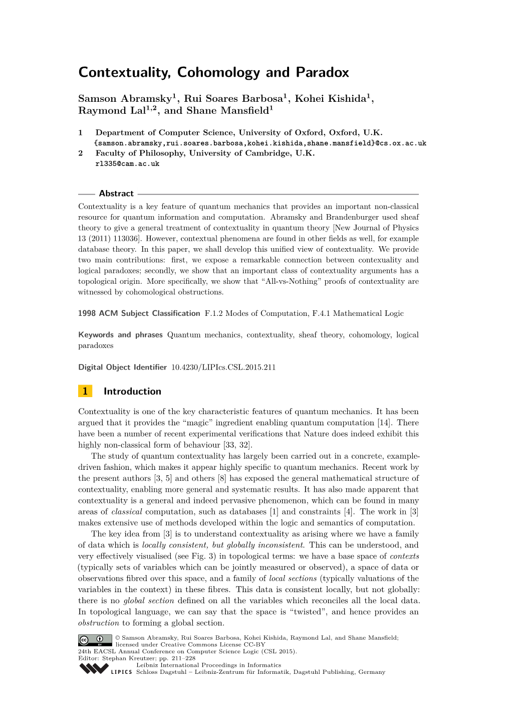 Contextuality, Cohomology and Paradox