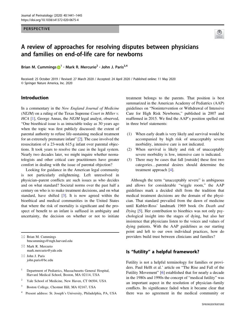 A Review of Approaches for Resolving Disputes Between Physicians and Families on End-Of-Life Care for Newborns