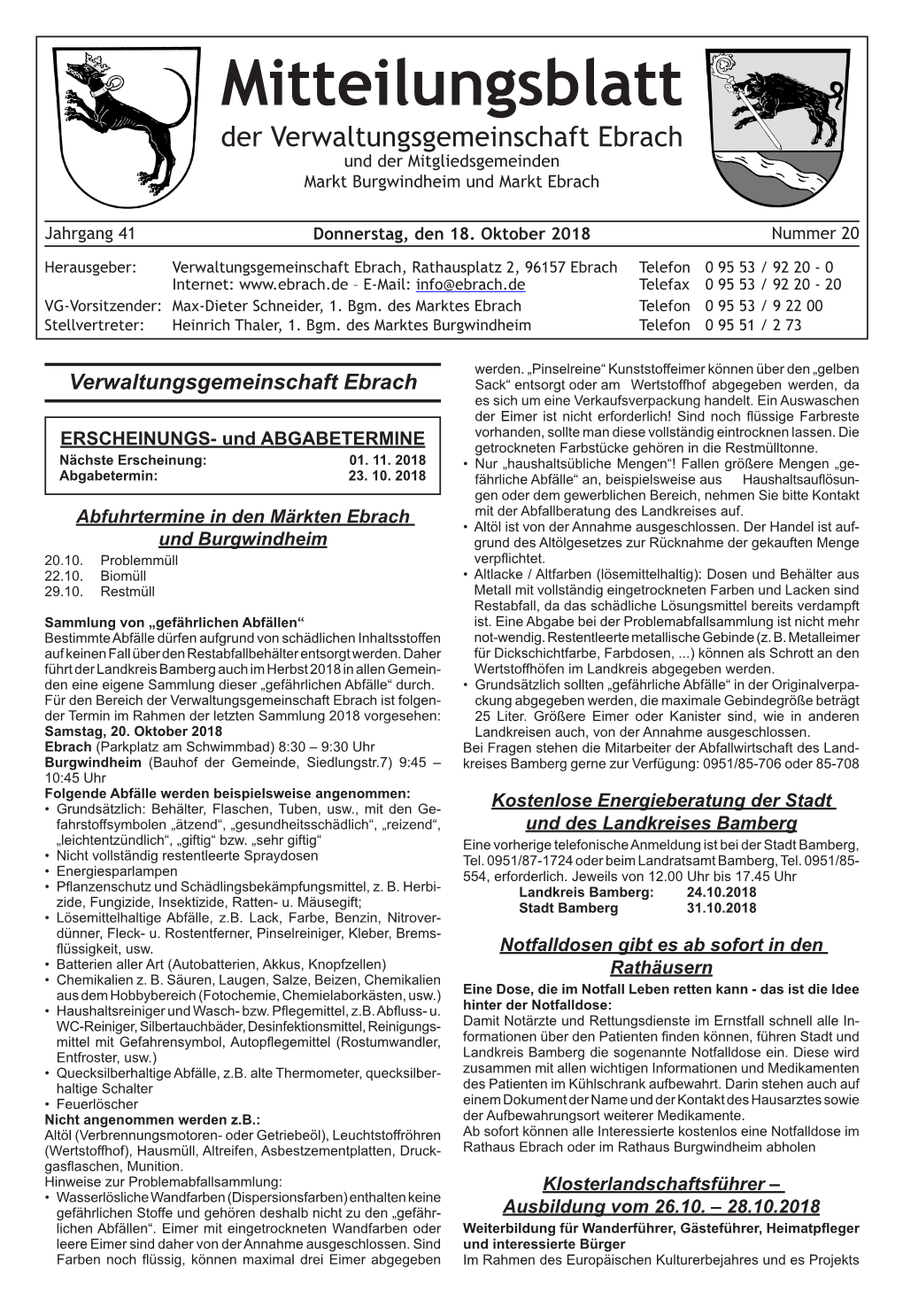 Mitteilungsblatt Der Verwaltungsgemeinschaft Ebrach Und Der Mitgliedsgemeinden Markt Burgwindheim Und Markt Ebrach