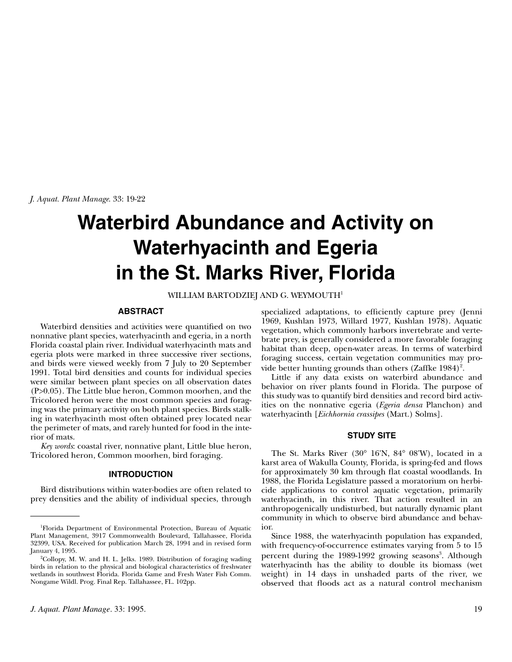 Waterbird Abundance and Activity on Waterhyacinth and Egeria in the St