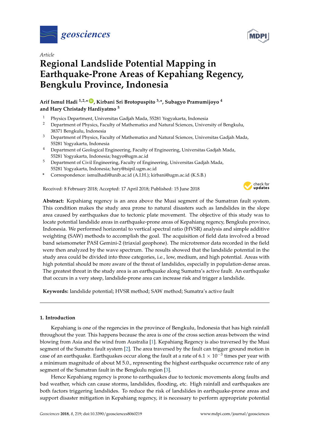 Regional Landslide Potential Mapping in Earthquake-Prone Areas of Kepahiang Regency, Bengkulu Province, Indonesia