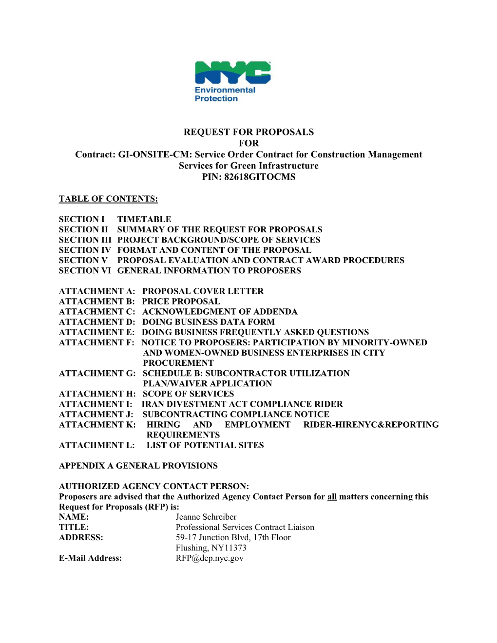 REQUEST for PROPOSALS for Contract: GI-ONSITE-CM: Service Order Contract for Construction Management Services for Green Infrastructure PIN: 82618GITOCMS