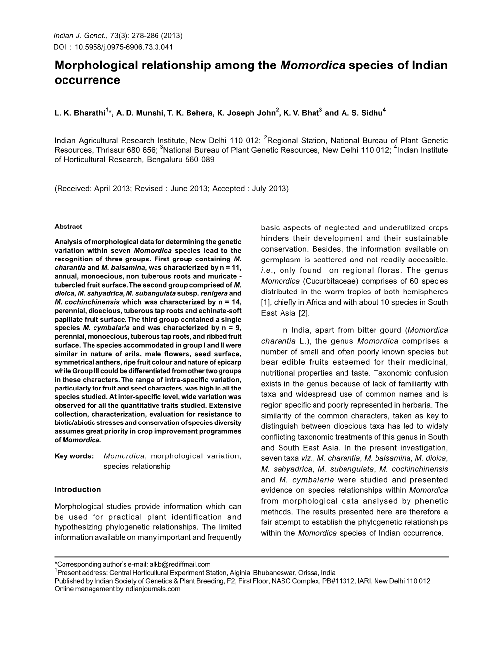 Morphological Relationship Among the Momordica Species of Indian Occurrence