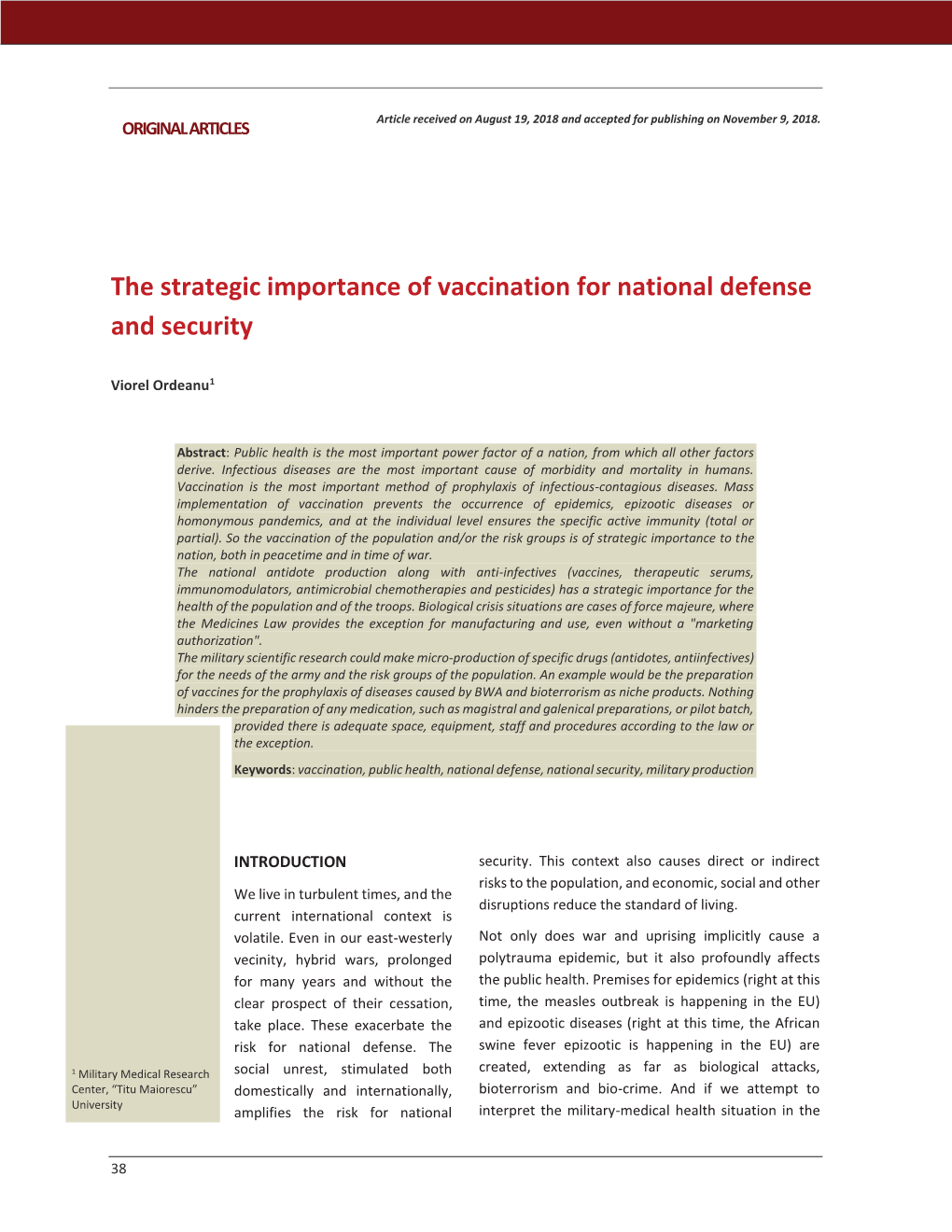 The Strategic Importance of Vaccination for National Defense and Security