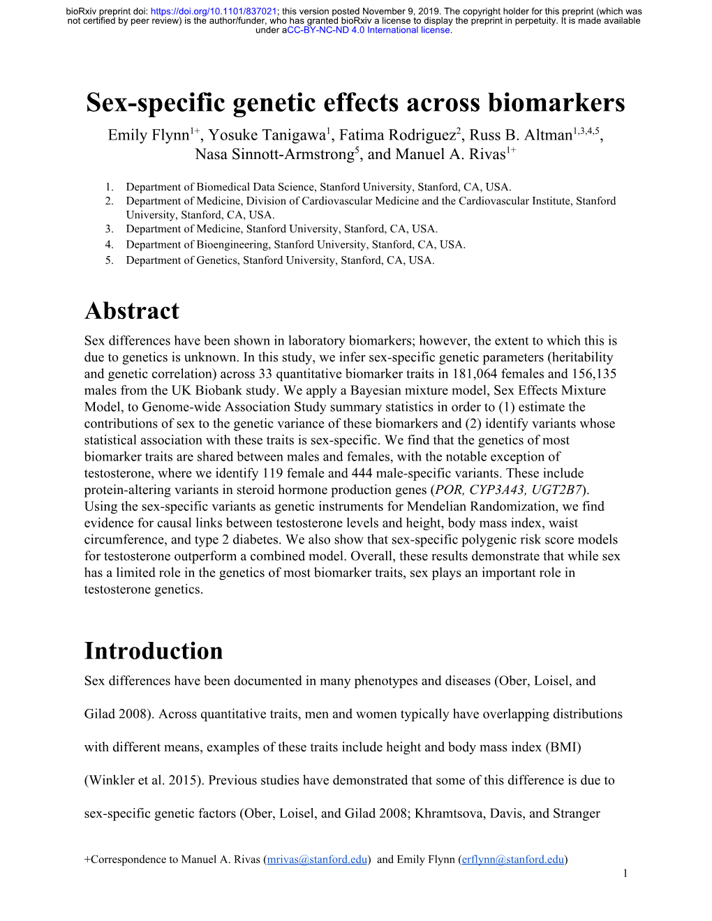 Sex-Specific Genetic Effects Across Biomarkers 1+ 1 2 1,3,4,5 Emily Flynn ,​ Yosuke Tanigawa ,​ Fatima Rodriguez ,​ Russ B