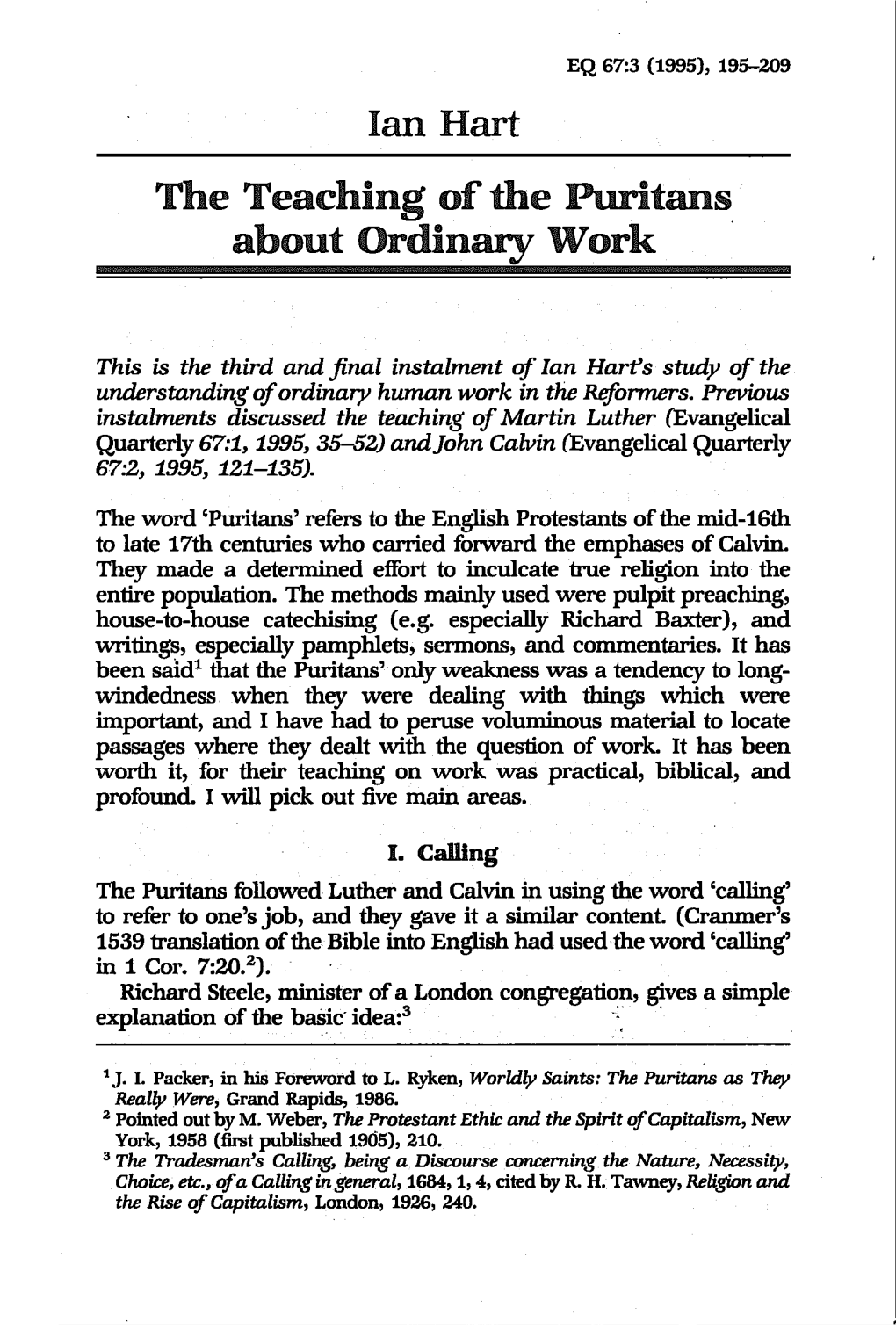 The Teaching of the Puritans About Ordinary Work
