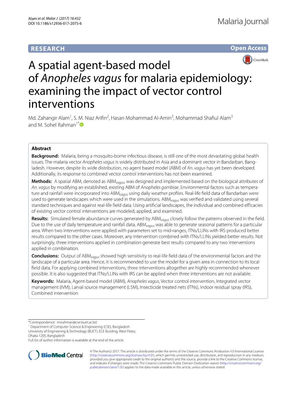 A Spatial Agent-Based Model of Anopheles Vagus for Malaria Epidemiology: Examining the Impact of Vector Control Interventions