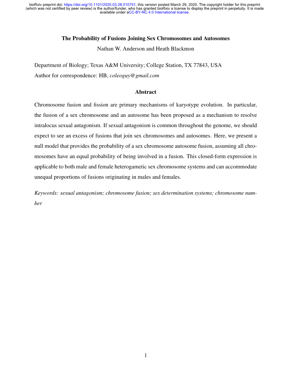 The Probability of Fusions Joining Sex Chromosomes and Autosomes Nathan W