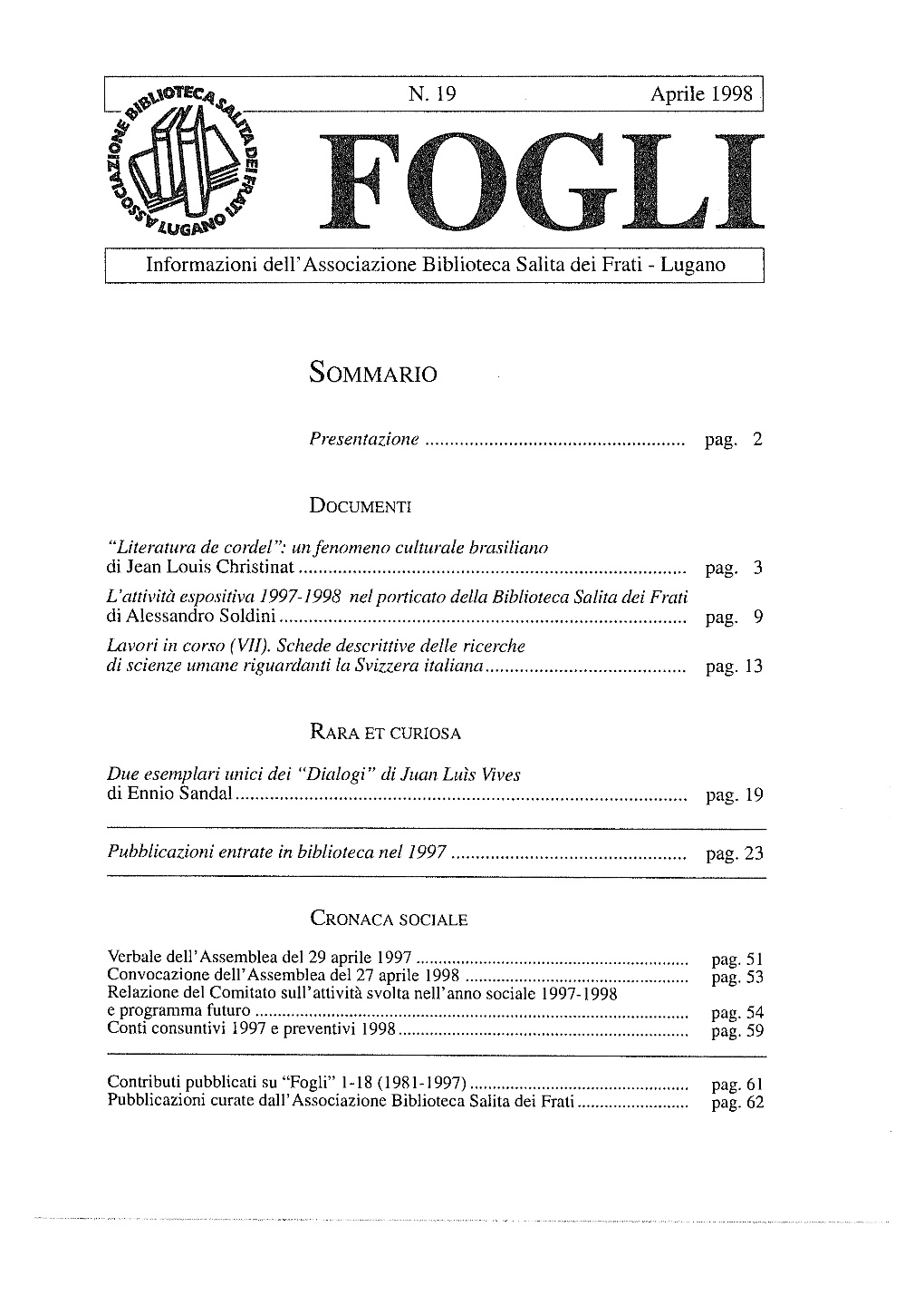 Fogli» N° 19 (1998)