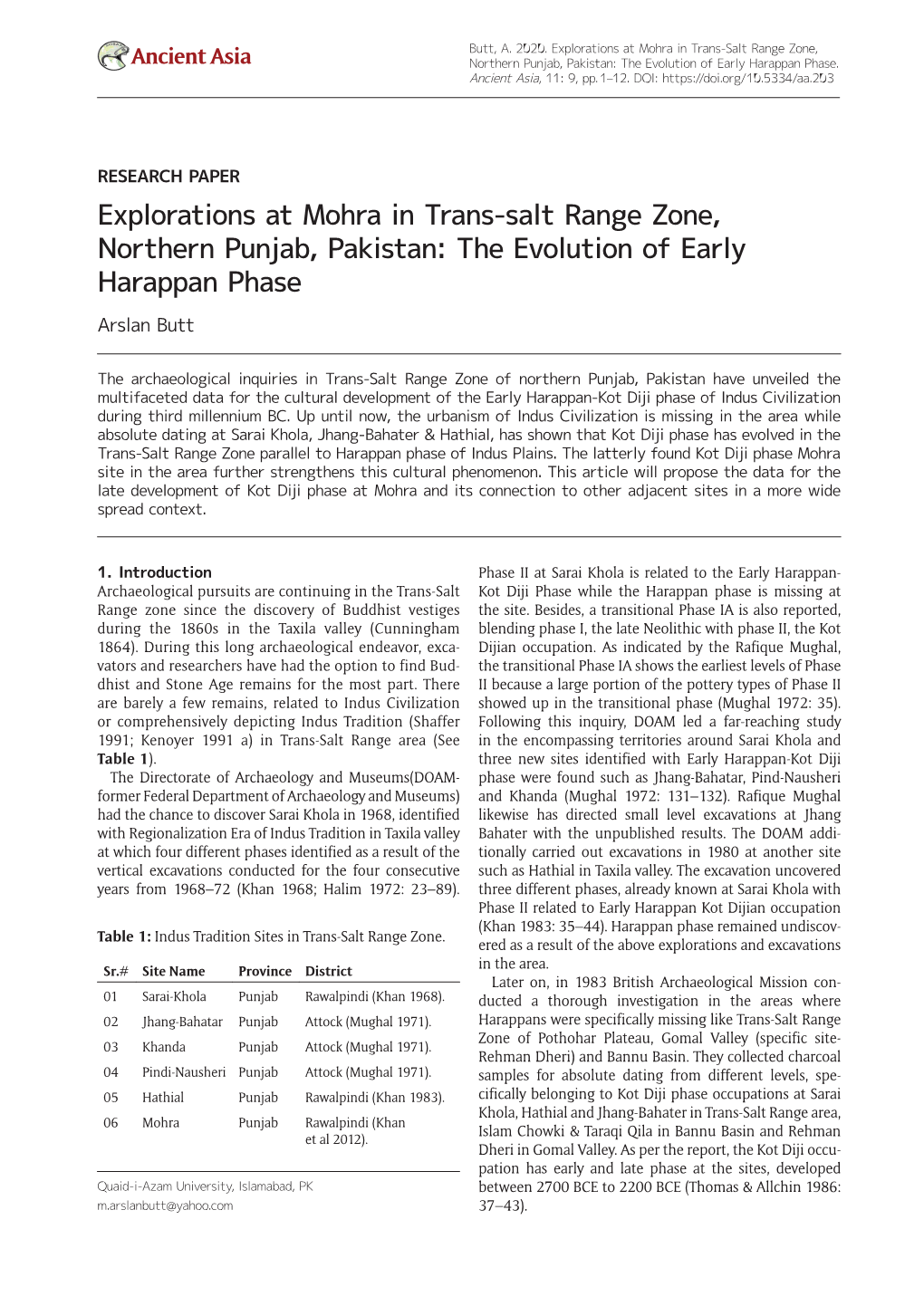 Explorations at Mohra in Trans-Salt Range Zone, Northern Punjab, Pakistan: the Evolution of Early Harappan Phase Arslan Butt