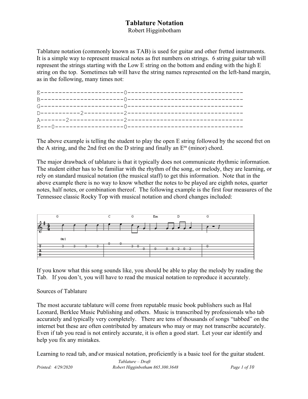 Tablature Notation Robert Higginbotham