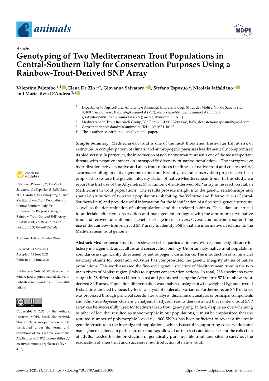 Genotyping of Two Mediterranean Trout Populations in Central-Southern Italy for Conservation Purposes Using a Rainbow-Trout-Derived SNP Array